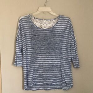 Tribal Blue and White Striped Lace-Back Long Sleeve Top